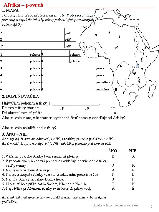Afrika – povrch ___________________ 1. MAPA Používaj atlas alebo učebnicu na str. 16. V