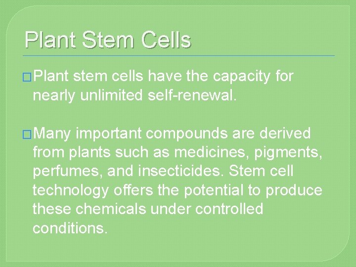Plant Stem Cells �Plant stem cells have the capacity for nearly unlimited self-renewal. �Many