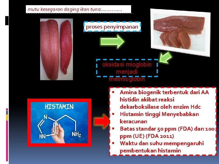 mutu kesegaran daging ikan tuna…………… proses penyimpanan oksidasi mioglobin menjadi metmioglobin Amina biogenik terbentuk