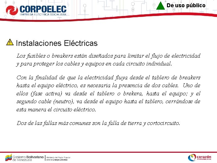 De uso público Instalaciones Eléctricas Los fusibles o breakers están diseñados para limitar el