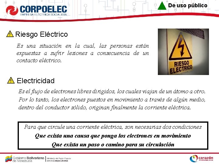 De uso público Riesgo Eléctrico Es una situación en la cual, las personas están