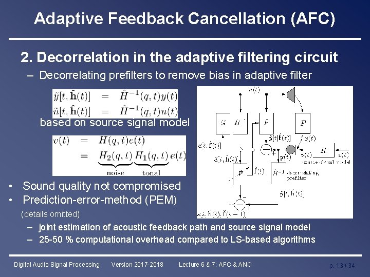 Adaptive Feedback Cancellation (AFC) 2. Decorrelation in the adaptive filtering circuit – Decorrelating prefilters