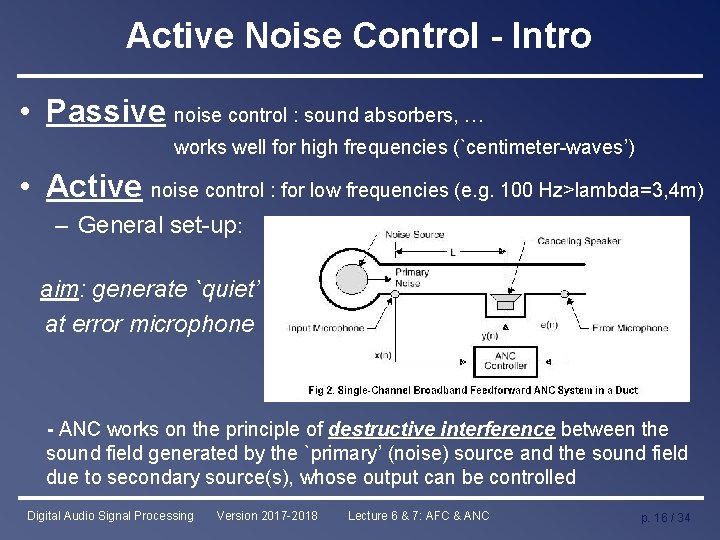Active Noise Control - Intro • Passive noise control : sound absorbers, … works