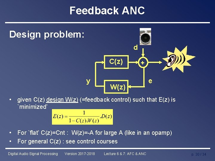Feedback ANC Design problem: d C(z) y + W(z) e • given C(z) design