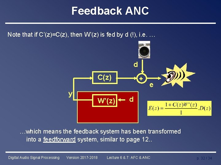 Feedback ANC Note that if C’(z)=C(z), then W’(z) is fed by d (!), i.