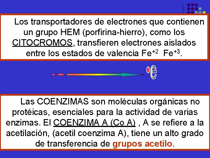 Los transportadores de electrones que contienen un grupo HEM (porfirina-hierro), como los CITOCROMOS, transfieren