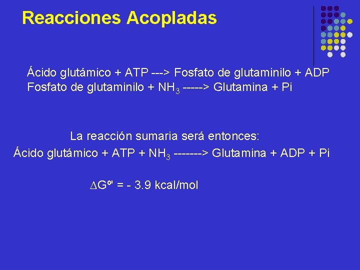 Reacciones Acopladas Ácido glutámico + ATP ---> Fosfato de glutaminilo + ADP Fosfato de