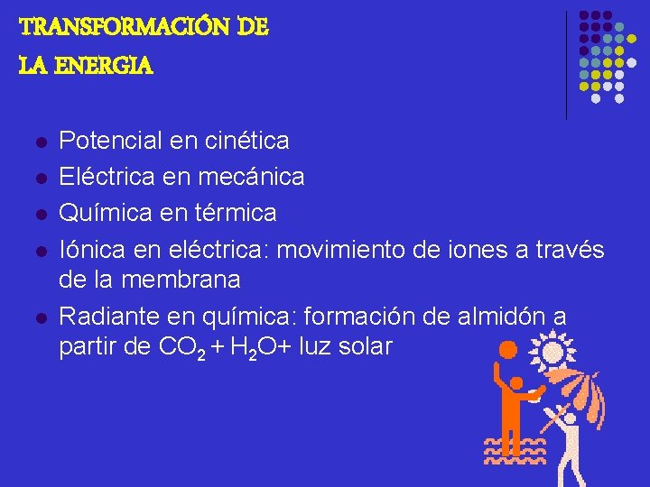 TRANSFORMACIÓN DE LA ENERGIA l l l Potencial en cinética Eléctrica en mecánica Química
