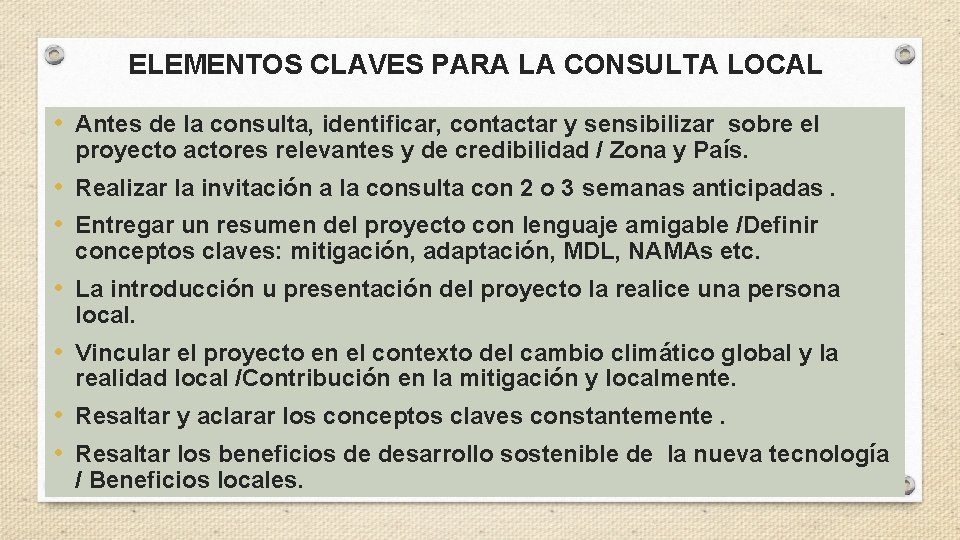 ELEMENTOS CLAVES PARA LA CONSULTA LOCAL • Antes de la consulta, identificar, contactar y