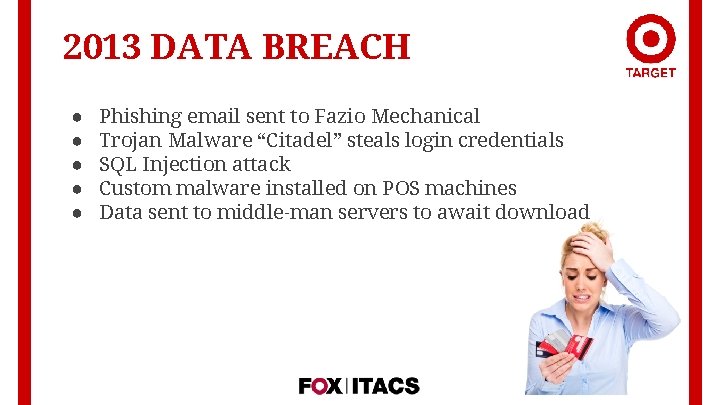 2013 DATA BREACH ● ● ● Phishing email sent to Fazio Mechanical Trojan Malware