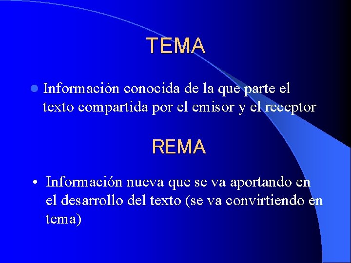 TEMA l Información conocida de la que parte el texto compartida por el emisor