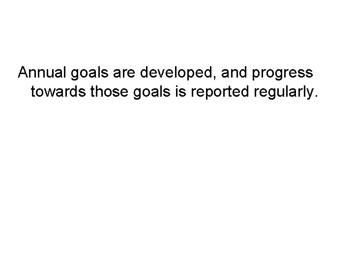 Annual goals are developed, and progress towards those goals is reported regularly. 