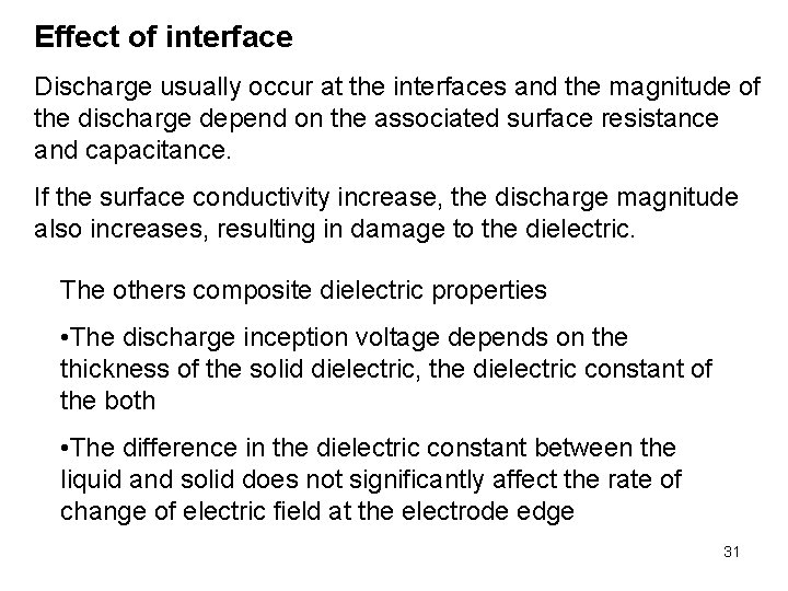 Effect of interface Discharge usually occur at the interfaces and the magnitude of the