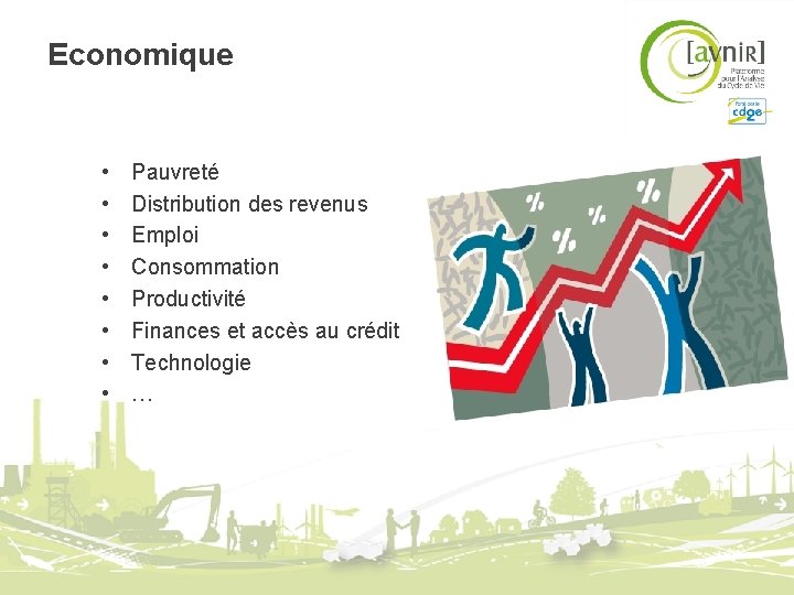 Economique • • Pauvreté Distribution des revenus Emploi Consommation Productivité Finances et accès au