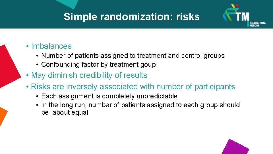 Simple randomization: risks • Imbalances • Number of patients assigned to treatment and control