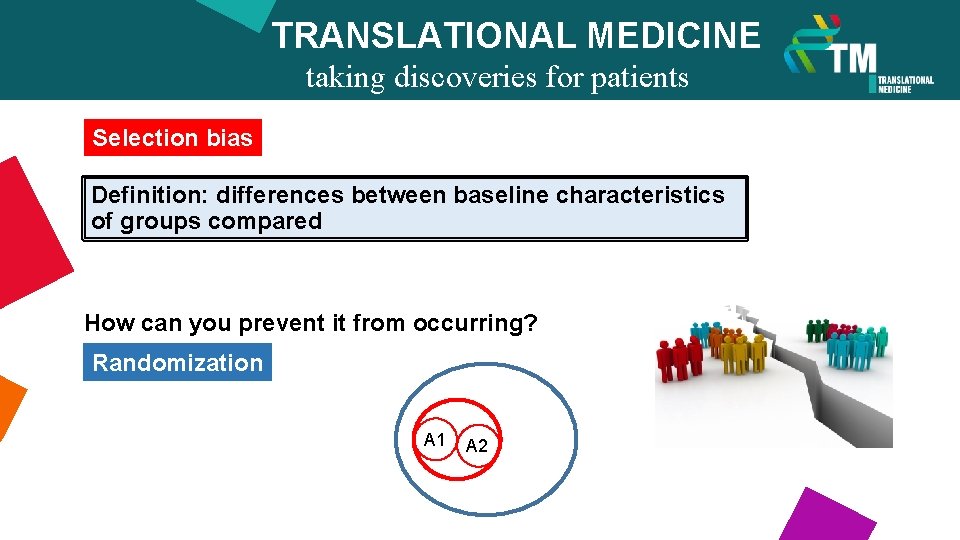 TRANSLATIONAL MEDICINE Selection bias taking discoveries for patients benefits Definition: differences between baseline characteristics
