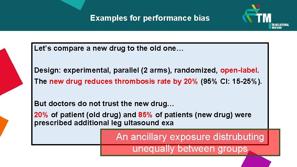 Examples for performance bias Let’s compare a new drug to the old one… Design: