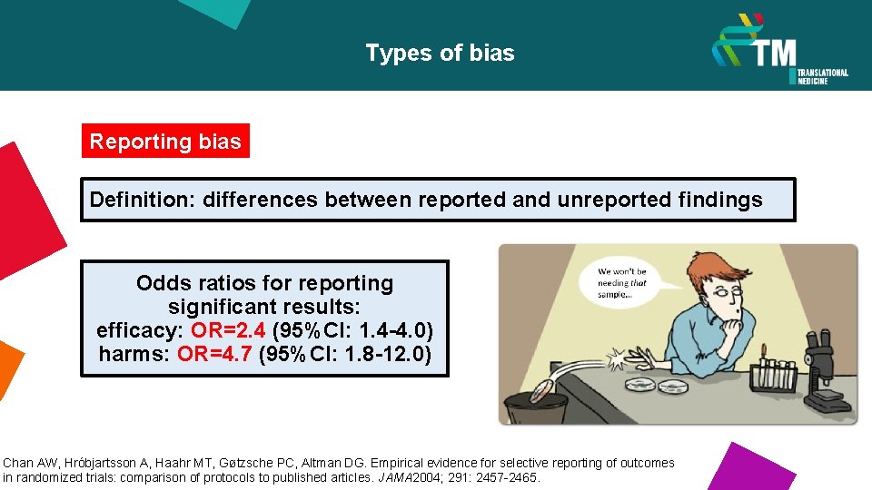 Types of bias Reporting bias Definition: differences between reported and unreported findings Odds ratios