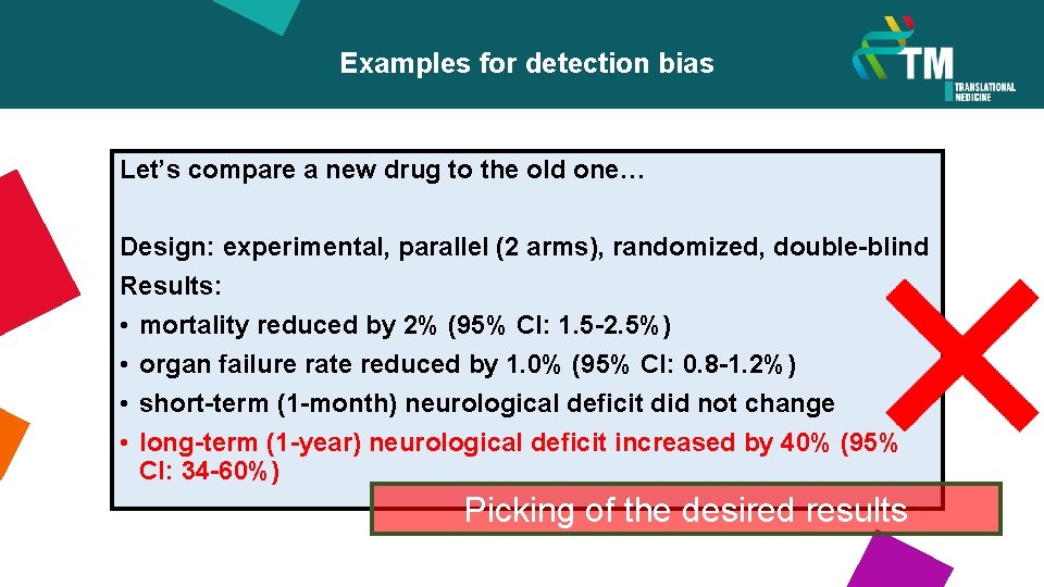 Examples for detection bias Let’s compare a new drug to the old one… Design: