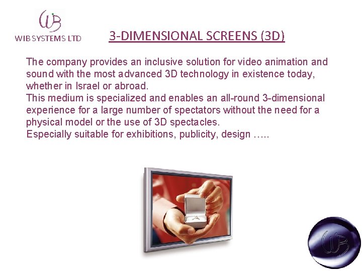 WIB SYSTEMS LTD 3 -DIMENSIONAL SCREENS (3 D) The company provides an inclusive solution