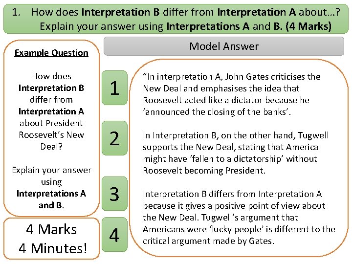 1. How does Interpretation B differ from Interpretation A about…? Explain your answer using