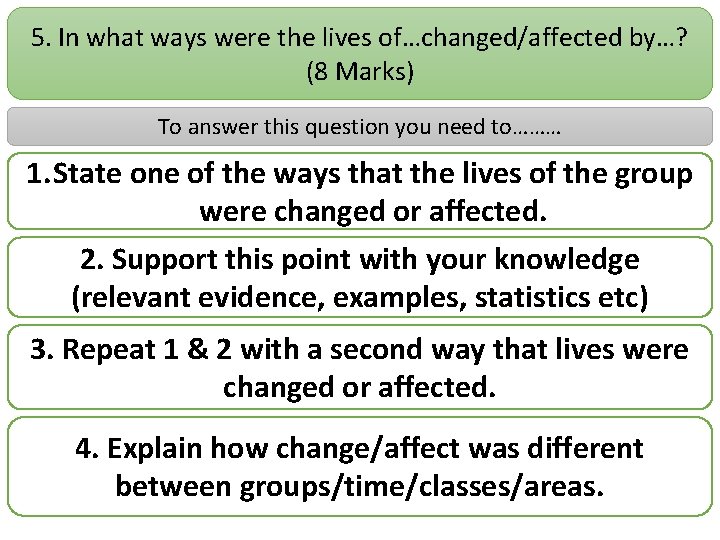 5. In what ways were the lives of…changed/affected by…? (8 Marks) To answer this