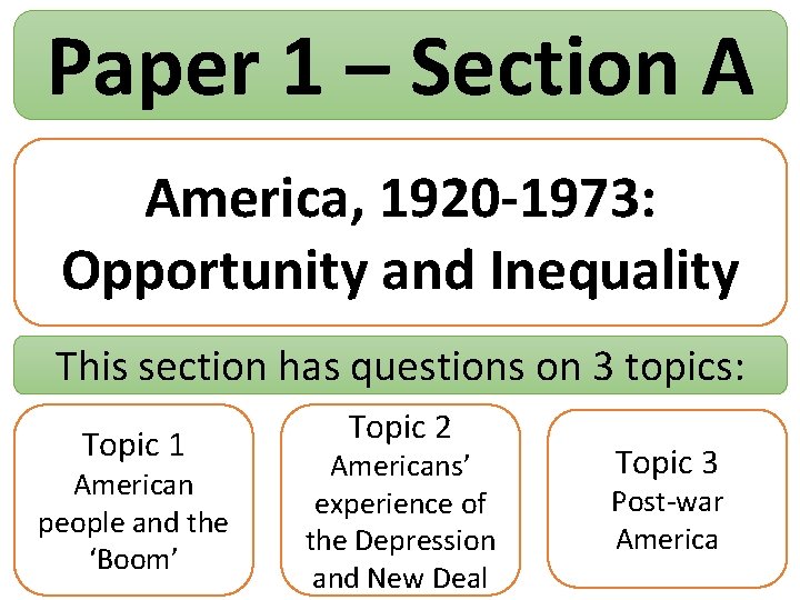 Paper 1 – Section A America, 1920 -1973: Opportunity and Inequality This section has