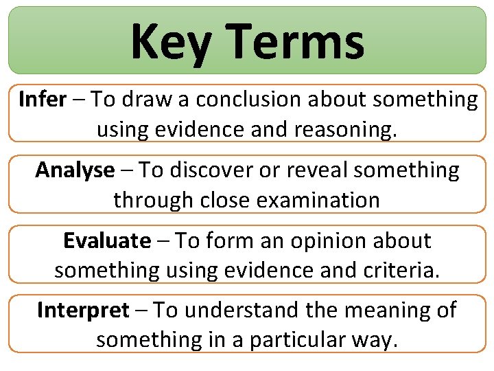 Key Terms Infer – To draw a conclusion about something using evidence and reasoning.