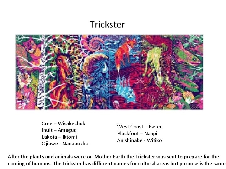 Trickster Cree – Wisakechuk Inuit – Amaguq Lakota – Iktomi Ojibwe - Nanabozho West