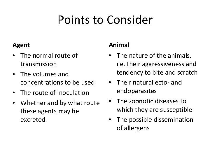 Points to Consider Agent Animal • The normal route of transmission • The volumes