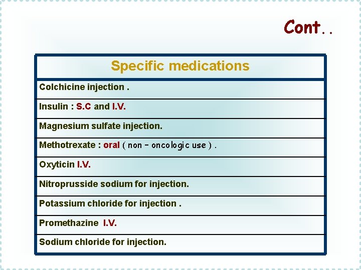 Cont. . Specific medications Colchicine injection. Insulin : S. C and I. V. Magnesium