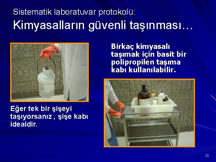 Sistematik laboratuvar protokolü: Kimyasalların güvenli taşınması… Birkaç kimyasalı taşımak için basit bir polipropilen taşıma