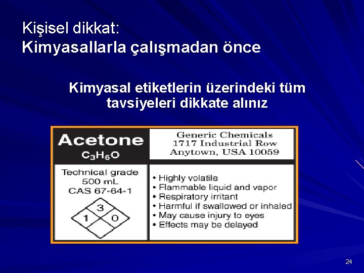 Kişisel dikkat: Kimyasallarla çalışmadan önce Kimyasal etiketlerin üzerindeki tüm tavsiyeleri dikkate alınız 24 