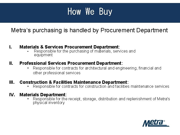 How We Buy Metra’s purchasing is handled by Procurement Department I. Materials & Services