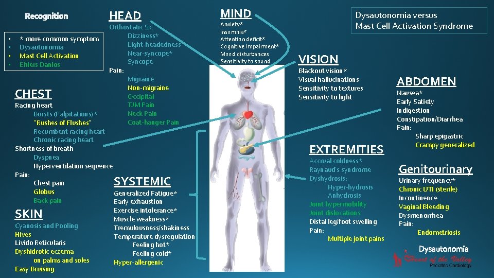 HEAD • • * more common symptom Dysautonomia Mast Cell Activation Ehlers Danlos CHEST