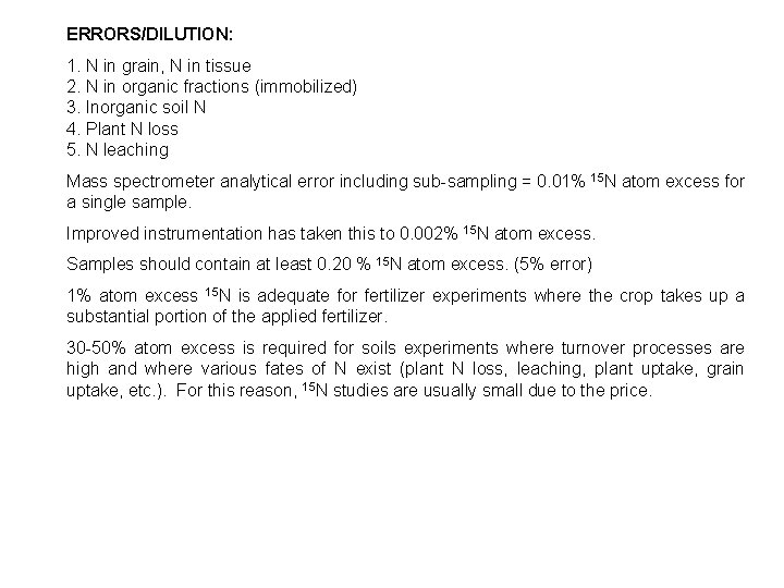ERRORS/DILUTION: 1. N in grain, N in tissue 2. N in organic fractions (immobilized)