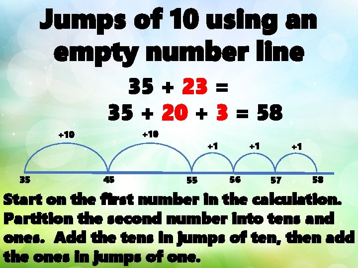 Jumps of 10 using an empty number line 35 + 23 = 35 +