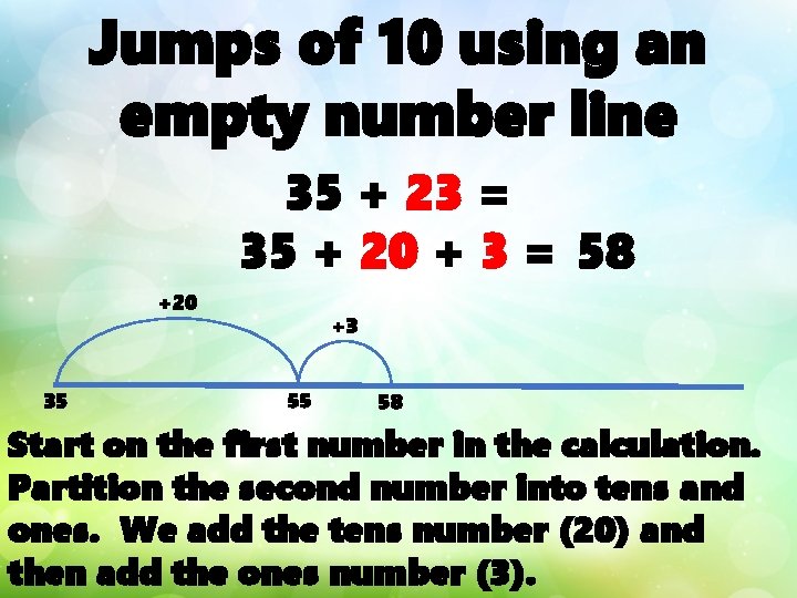 Jumps of 10 using an empty number line 35 + 23 = 35 +