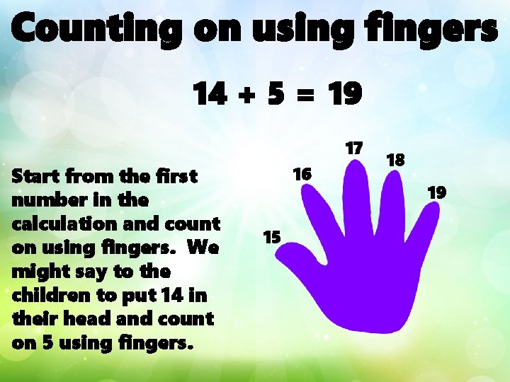 Counting on using fingers 14 + 5 = 19 17 Start from the first
