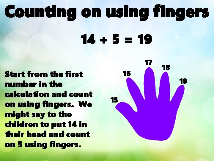 Counting on using fingers 14 + 5 = 19 17 Start from the first