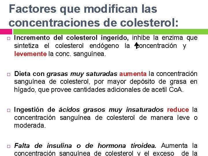 Factores que modifican las concentraciones de colesterol: Incremento del colesterol ingerido, inhibe la enzima