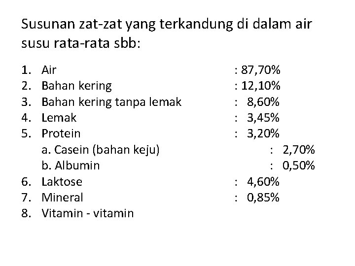 Susunan zat-zat yang terkandung di dalam air susu rata-rata sbb: 1. 2. 3. 4.