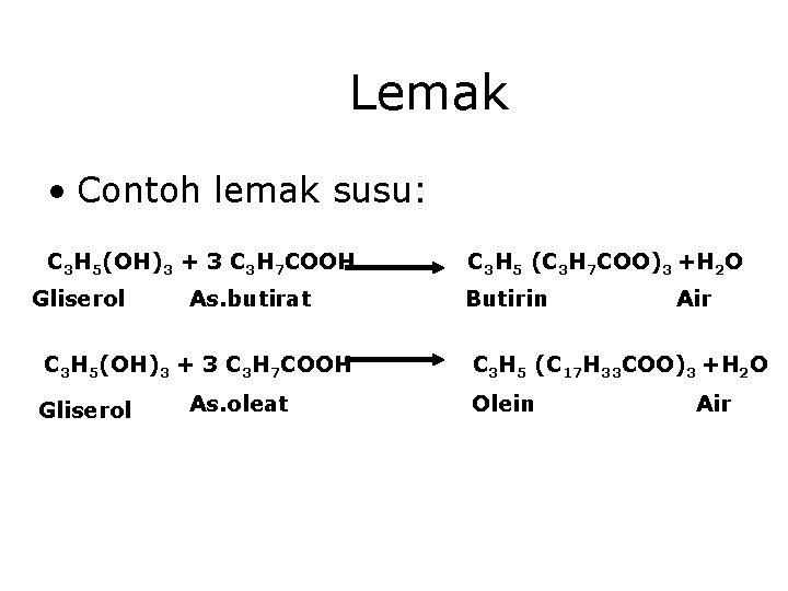 Lemak • Contoh lemak susu: C 3 H 5(OH)3 + 3 C 3 H