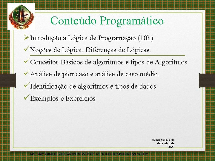 Conteúdo Programático ØIntrodução a Lógica de Programação (10 h) üNoções de Lógica. Diferenças de