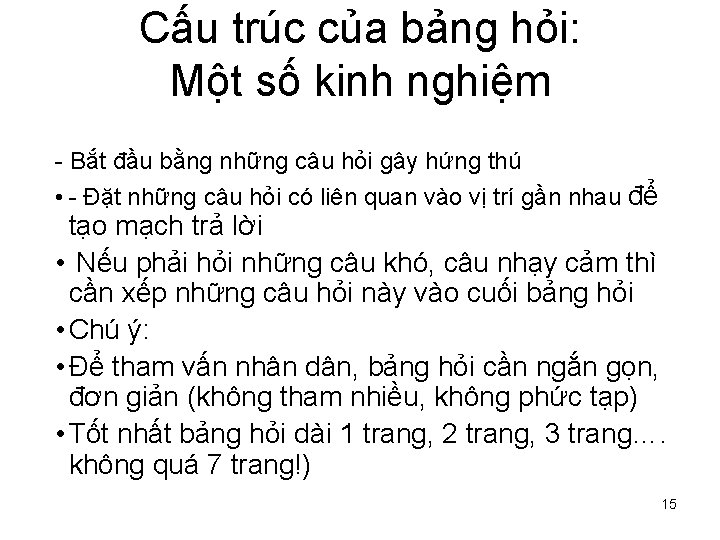 Cấu trúc của bảng hỏi: Một số kinh nghiệm - Bắt đầu bằng những