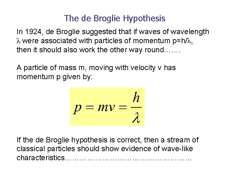 The de Broglie Hypothesis In 1924, de Broglie suggested that if waves of wavelength