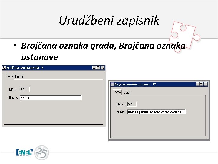 Urudžbeni zapisnik • Brojčana oznaka grada, Brojčana oznaka ustanove 