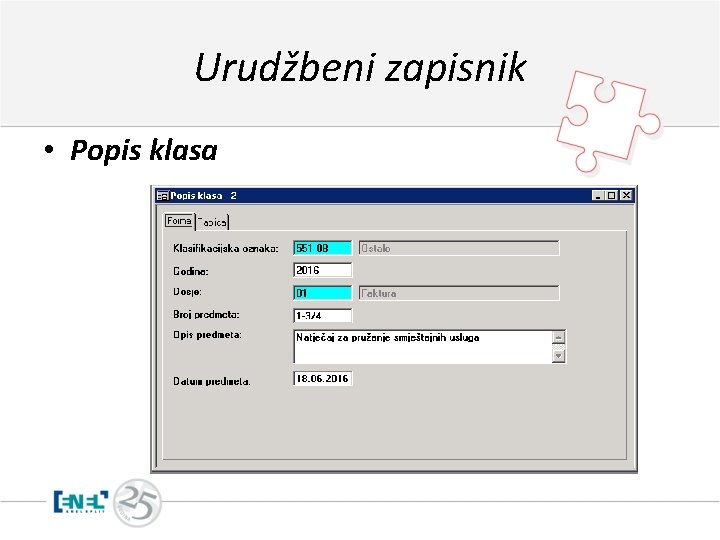 Urudžbeni zapisnik • Popis klasa 