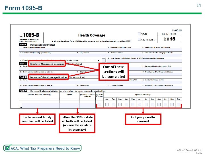 14 Form 1095 -B One of these sections will be completed Each covered family