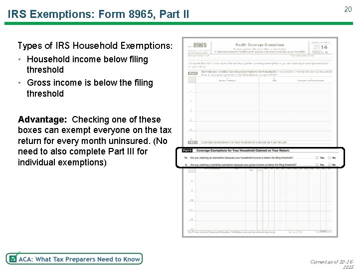 IRS Exemptions: Form 8965, Part II 20 Types of IRS Household Exemptions: • Household